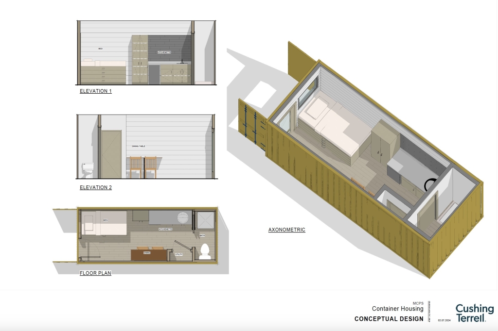 Floor plans for the Tiny House Project homes that are created out of repurposed shipping containers. 